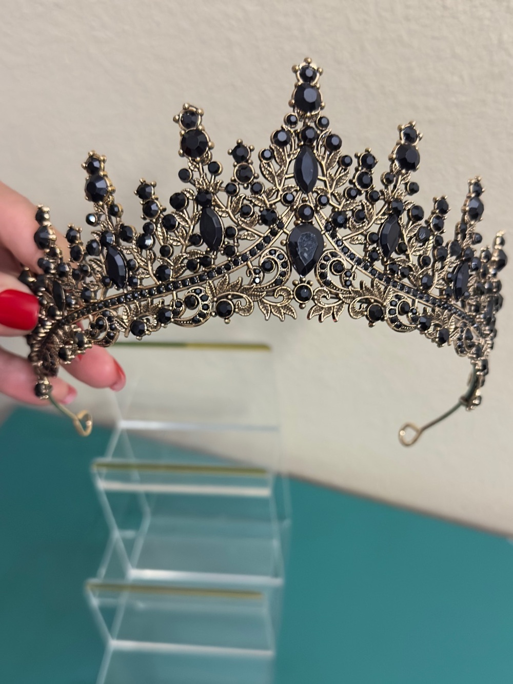 Vintage-Inspired Gold Black Jeweled Tiara Crown